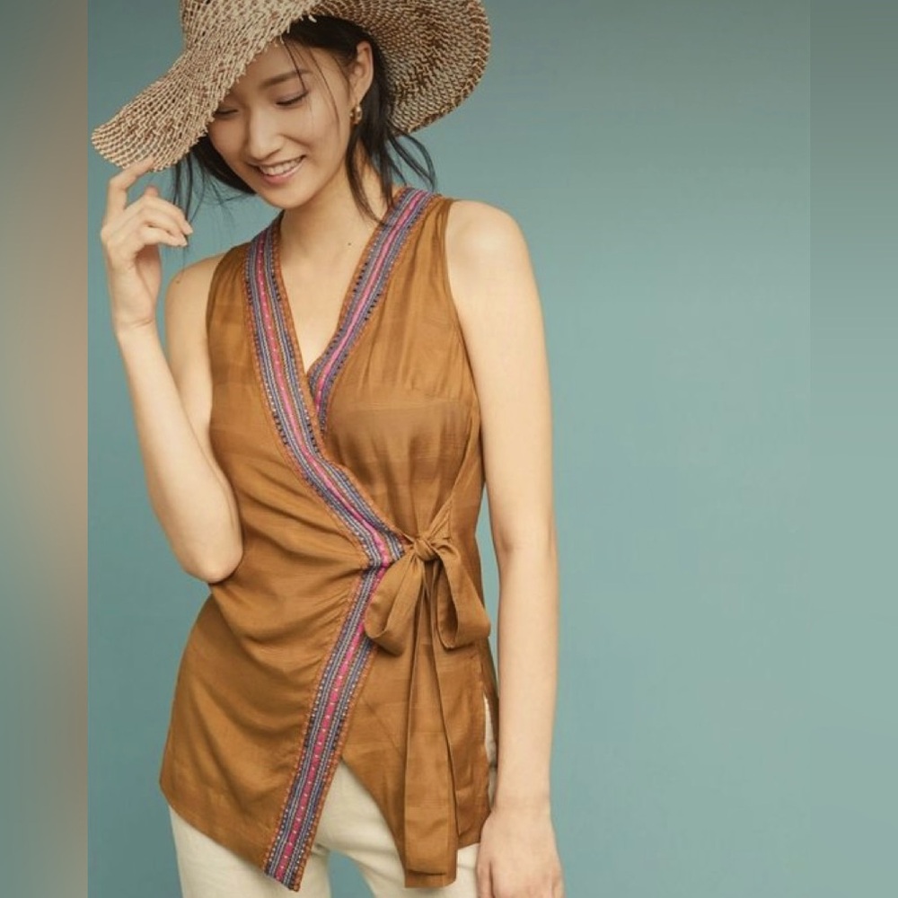Anthropologie Maeve Brown Wrap Tunic Sleeveless Top with Multicolor Trim
